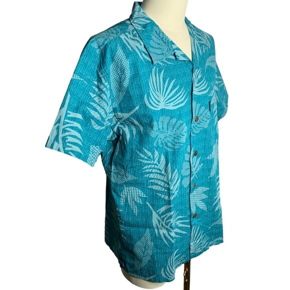 Palmwave Button Up Hawaiian Camp Shirt L Blue Floral Leaves Pocket Short Sleeve - Picture 6 of 6